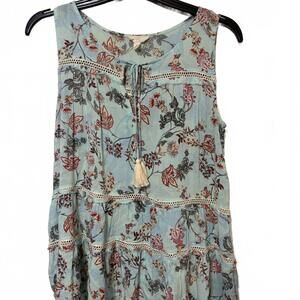 Cupio Sleeveless Baby Blue Floral Print Cottagecore Romance Lace Trim Medium Top